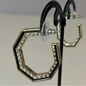 White House Black Market soft goldtone black enamel and rhinestone hoop earrings